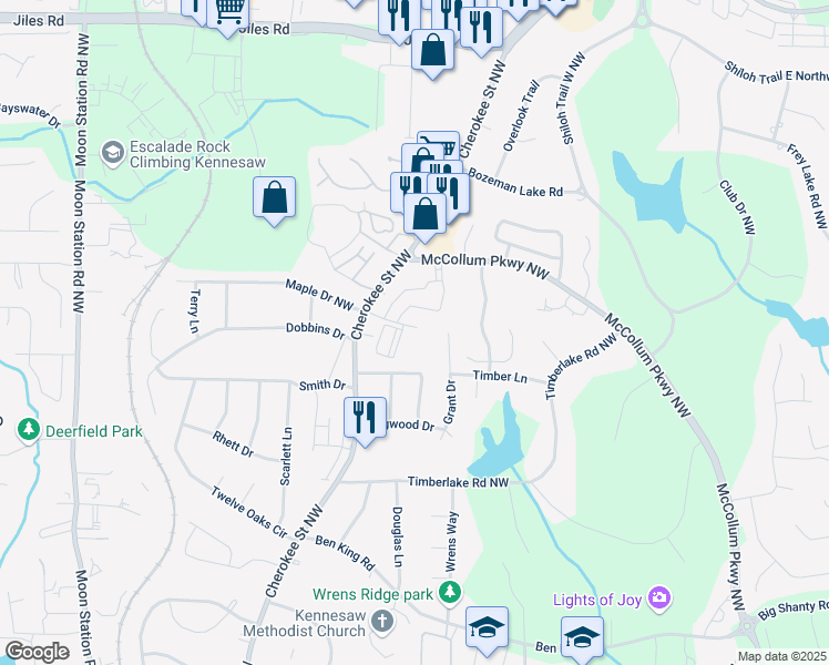 map of restaurants, bars, coffee shops, grocery stores, and more near 1875 Maple Drive in Kennesaw