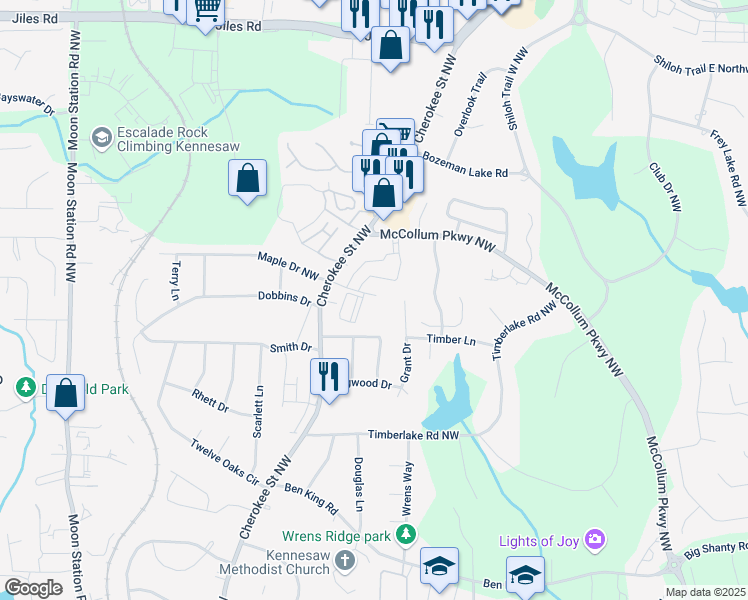 map of restaurants, bars, coffee shops, grocery stores, and more near 1875 Maple Drive Northwest in Kennesaw