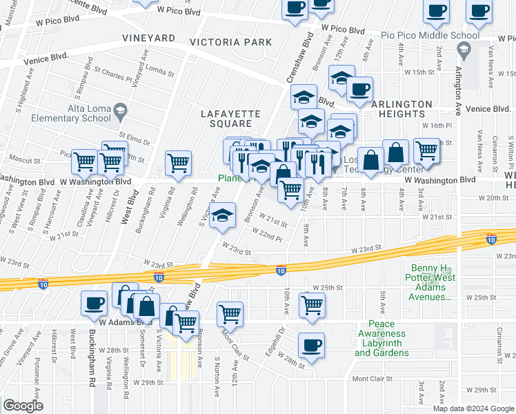 map of restaurants, bars, coffee shops, grocery stores, and more near 1946 South Bronson Avenue in Los Angeles