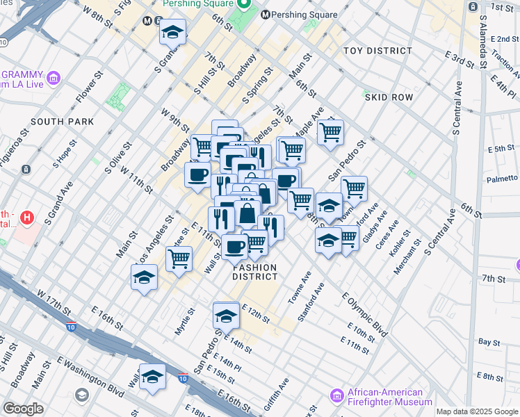 map of restaurants, bars, coffee shops, grocery stores, and more near 926a Wall Street in Los Angeles