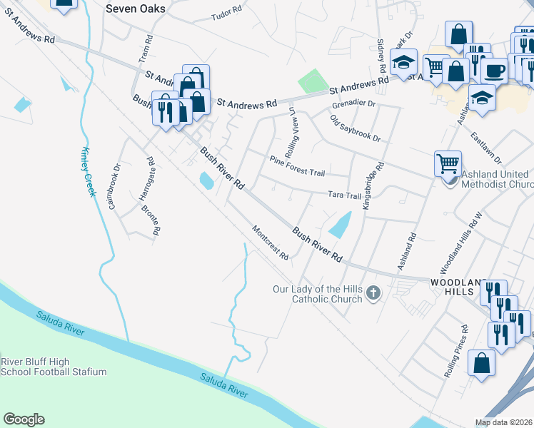 map of restaurants, bars, coffee shops, grocery stores, and more near 3212 Bush River Road in Columbia