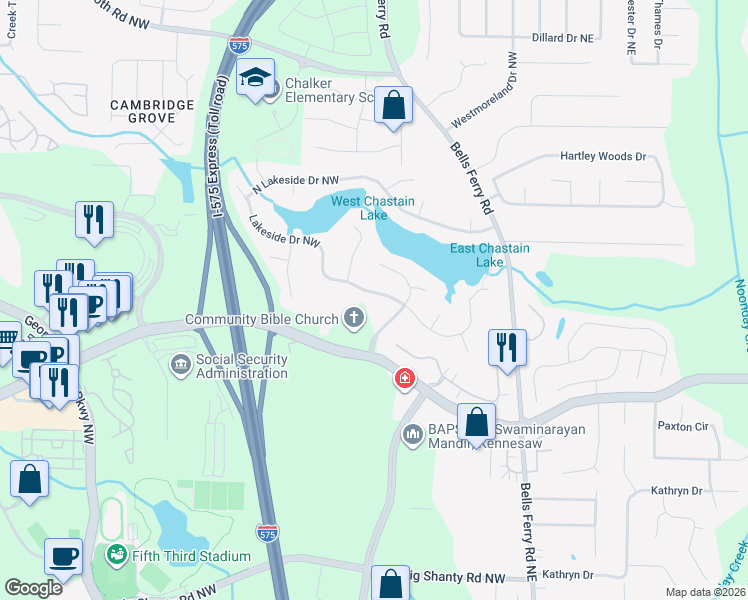 map of restaurants, bars, coffee shops, grocery stores, and more near 153 Lakeside Drive Northwest in Kennesaw