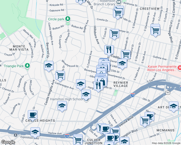 map of restaurants, bars, coffee shops, grocery stores, and more near 9124 Beverlywood Street in Los Angeles