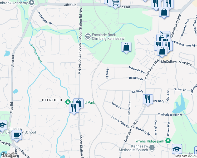 map of restaurants, bars, coffee shops, grocery stores, and more near 4510 Virginia Avenue in Kennesaw