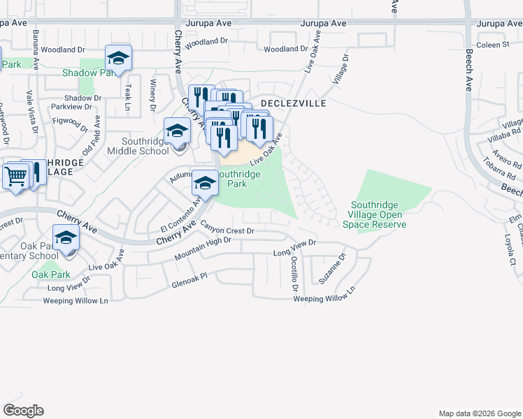 map of restaurants, bars, coffee shops, grocery stores, and more near 11805 Aurora Court in Fontana