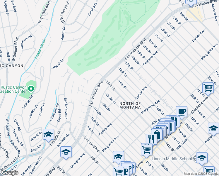 map of restaurants, bars, coffee shops, grocery stores, and more near 226 Euclid Court in Santa Monica