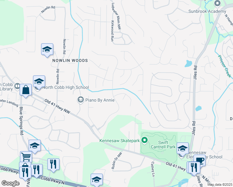 map of restaurants, bars, coffee shops, grocery stores, and more near 2732 Spindletop Lane Northwest in Kennesaw