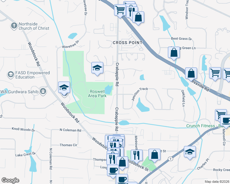 map of restaurants, bars, coffee shops, grocery stores, and more near 125 Park East Drive in Roswell