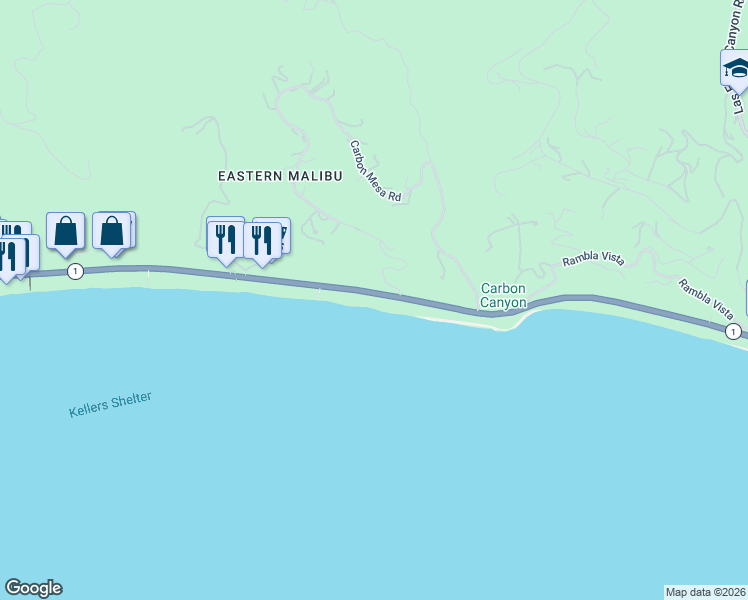 map of restaurants, bars, coffee shops, grocery stores, and more near 22030 California 1 in Malibu