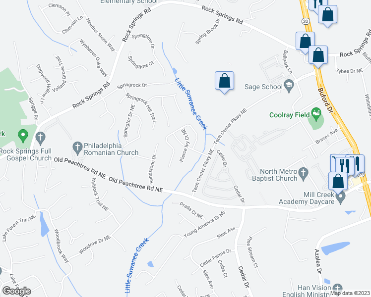 map of restaurants, bars, coffee shops, grocery stores, and more near Pierce Ivy Court Northeast in Lawrenceville