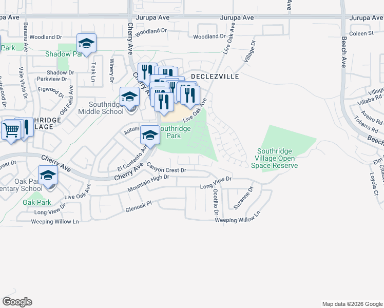 map of restaurants, bars, coffee shops, grocery stores, and more near 11805 Aurora Court in Fontana