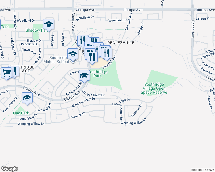 map of restaurants, bars, coffee shops, grocery stores, and more near 11805 Aurora Court in Fontana