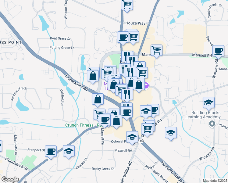 map of restaurants, bars, coffee shops, grocery stores, and more near 10490 Alpharetta Highway in Roswell