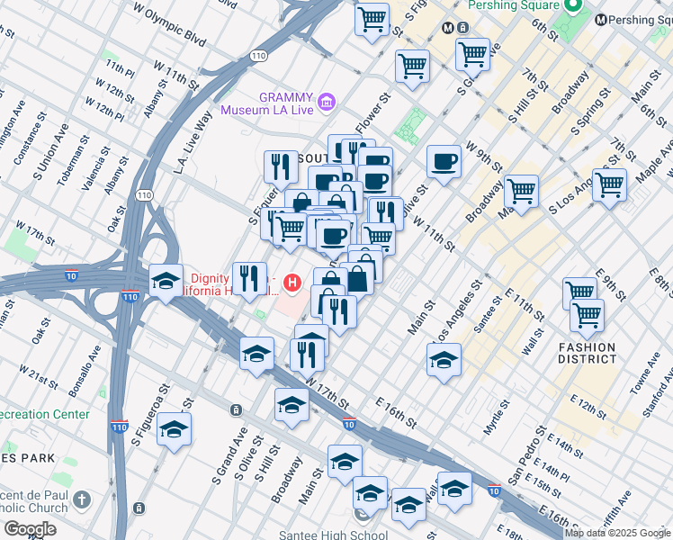 map of restaurants, bars, coffee shops, grocery stores, and more near 1326 South Grand Avenue in Los Angeles