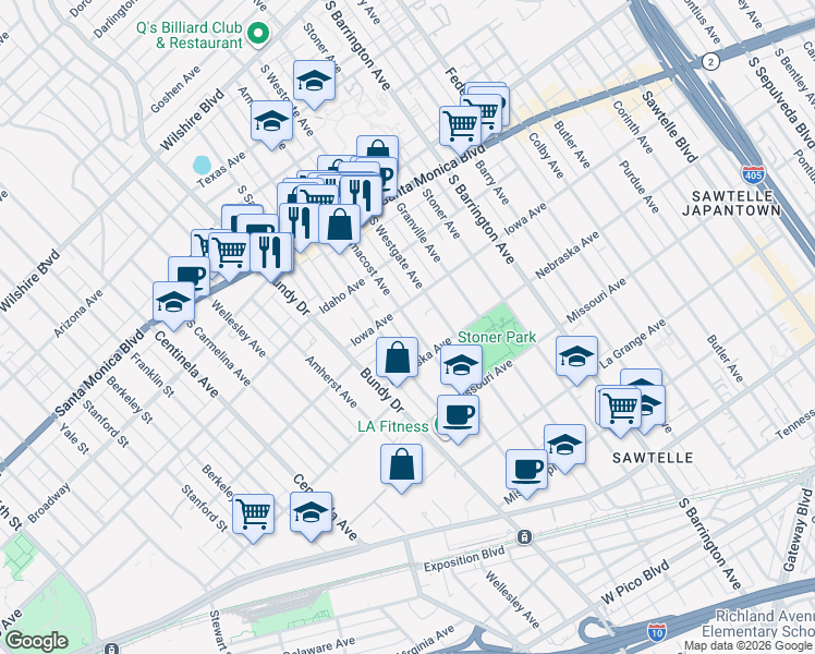 map of restaurants, bars, coffee shops, grocery stores, and more near 1721 Armacost Avenue in Los Angeles