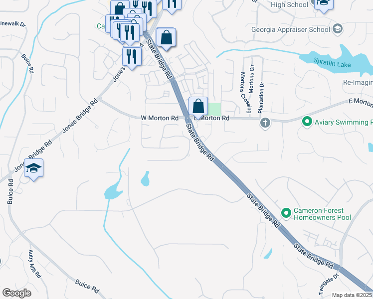 map of restaurants, bars, coffee shops, grocery stores, and more near 10525 Windsor Park Drive in Alpharetta
