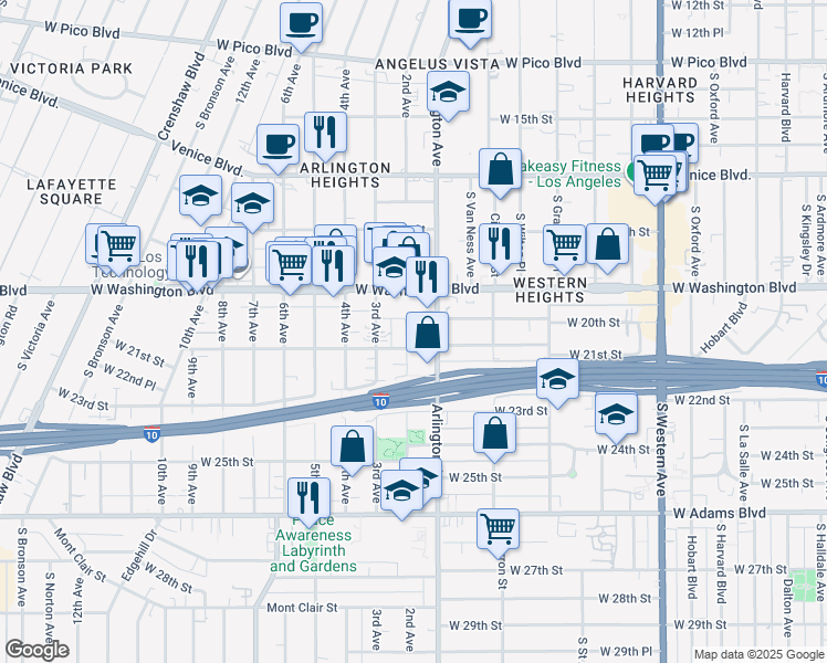 map of restaurants, bars, coffee shops, grocery stores, and more near 20161/2 2nd Avenue in Los Angeles