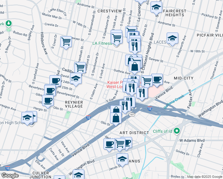 map of restaurants, bars, coffee shops, grocery stores, and more near 2314 South Corning Street in Los Angeles