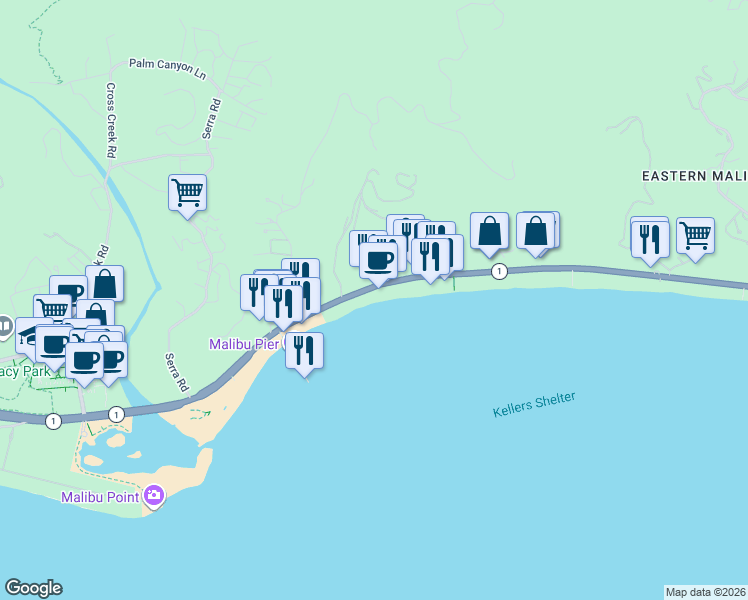 map of restaurants, bars, coffee shops, grocery stores, and more near 22816 Pacific Coast Highway in Malibu
