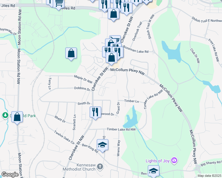 map of restaurants, bars, coffee shops, grocery stores, and more near 1810 Rock Springs Drive Northwest in Kennesaw