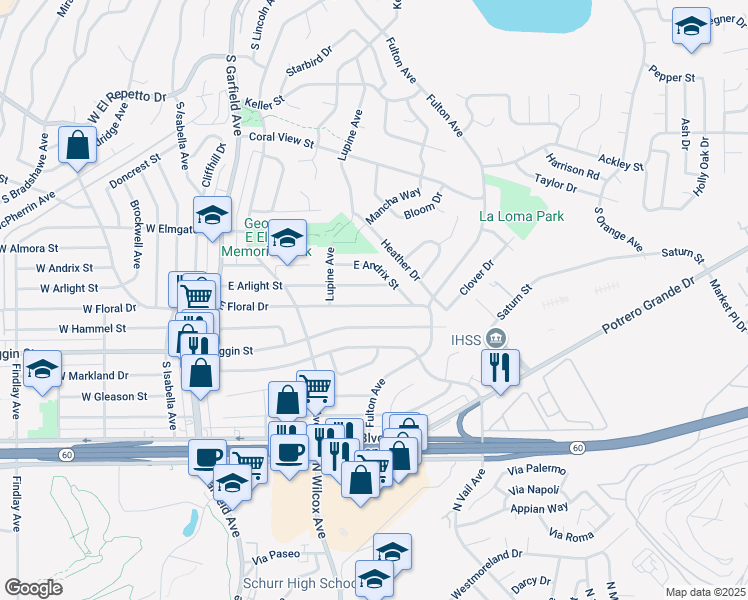 map of restaurants, bars, coffee shops, grocery stores, and more near 352 East Floral Drive in Monterey Park