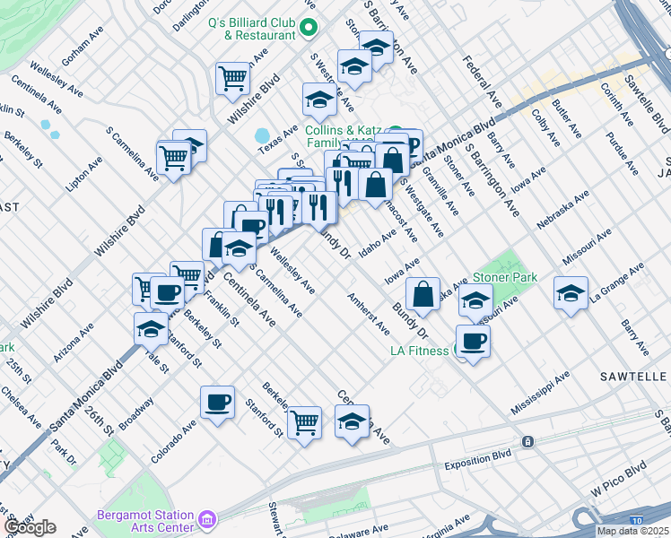map of restaurants, bars, coffee shops, grocery stores, and more near 12211 Idaho Avenue in Los Angeles