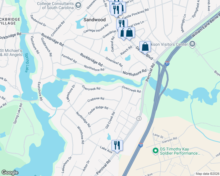 map of restaurants, bars, coffee shops, grocery stores, and more near 3446 Overcreek Road in Columbia