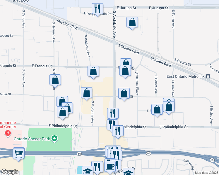 map of restaurants, bars, coffee shops, grocery stores, and more near 1910 South Archibald Avenue in Ontario