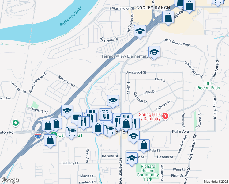 map of restaurants, bars, coffee shops, grocery stores, and more near 11830 Mount Vernon Avenue in Grand Terrace