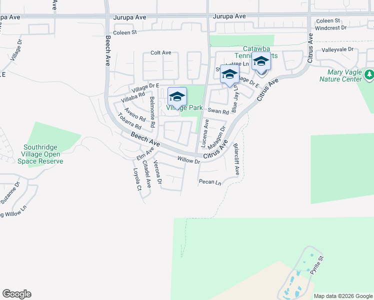 map of restaurants, bars, coffee shops, grocery stores, and more near 15588 Willow Drive in Fontana