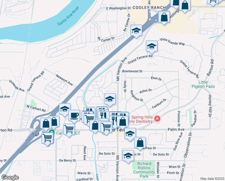 map of restaurants, bars, coffee shops, grocery stores, and more near 11816 Greenbrier Lane in Grand Terrace