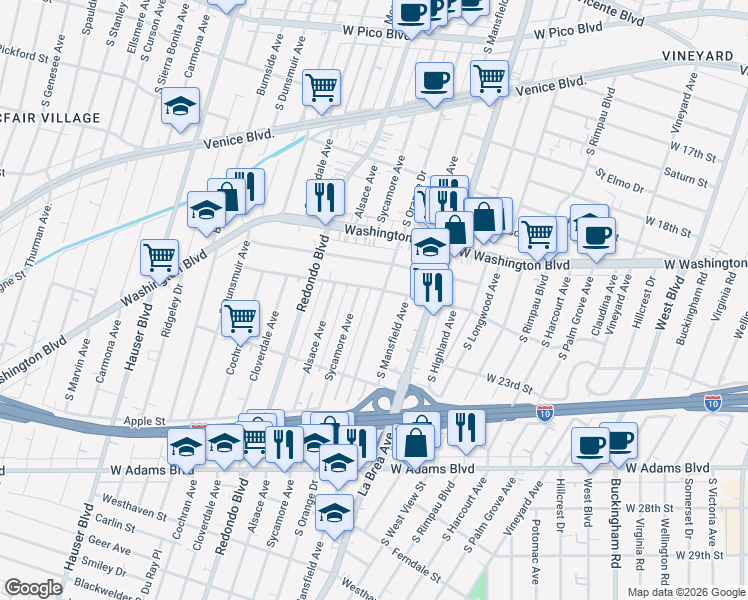 map of restaurants, bars, coffee shops, grocery stores, and more near 2113 South Orange Drive in Los Angeles