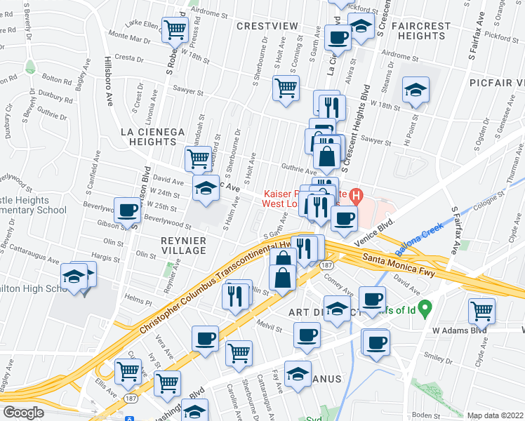 map of restaurants, bars, coffee shops, grocery stores, and more near 2319 South Corning Street in Los Angeles