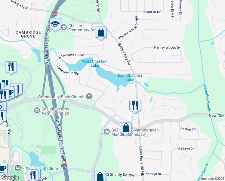 map of restaurants, bars, coffee shops, grocery stores, and more near 157 Eastlake Point in Kennesaw