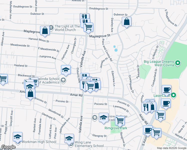 map of restaurants, bars, coffee shops, grocery stores, and more near 1036 Eclipse Way in West Covina