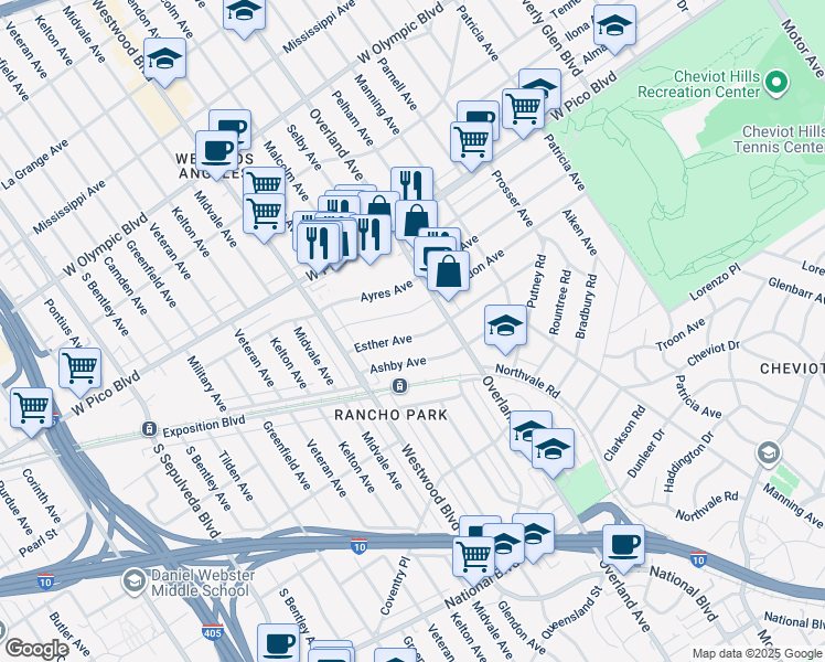 map of restaurants, bars, coffee shops, grocery stores, and more near 10739 Esther Avenue in Los Angeles
