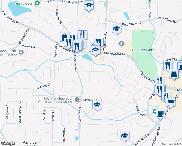 map of restaurants, bars, coffee shops, grocery stores, and more near 2464 Mountain View School Road Northeast in Marietta