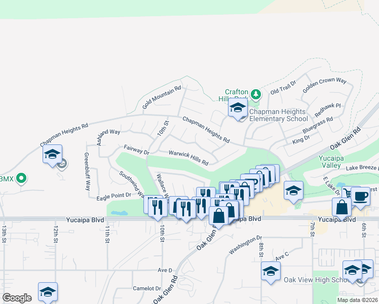 map of restaurants, bars, coffee shops, grocery stores, and more near 33398 Warwick Hills Road in Yucaipa