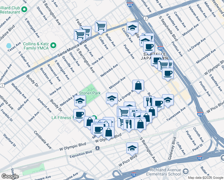 map of restaurants, bars, coffee shops, grocery stores, and more near 11672 Missouri Avenue in Los Angeles