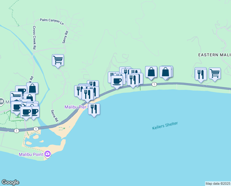 map of restaurants, bars, coffee shops, grocery stores, and more near 22822 Pacific Coast Highway in Malibu