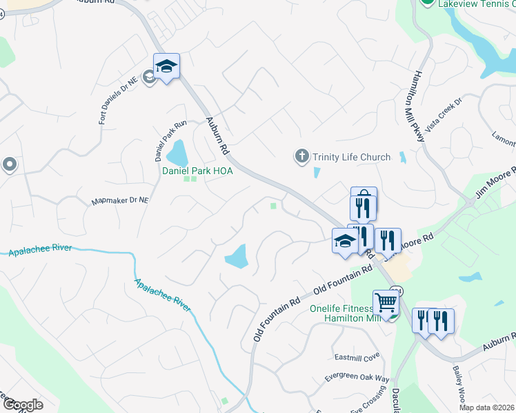 map of restaurants, bars, coffee shops, grocery stores, and more near 2995 Belshire Trail in Dacula