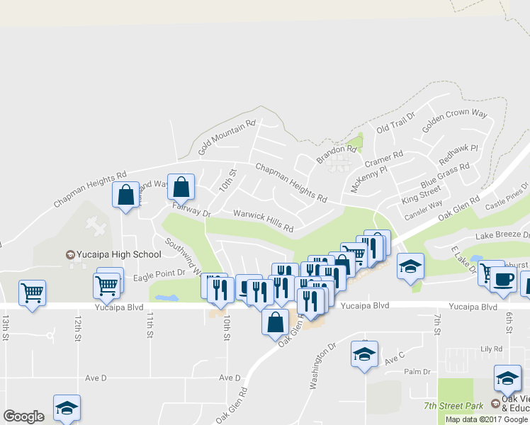 map of restaurants, bars, coffee shops, grocery stores, and more near 33398 Warwick Hills Road in Yucaipa