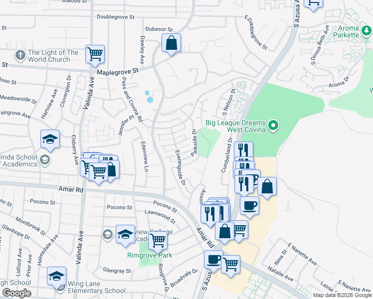map of restaurants, bars, coffee shops, grocery stores, and more near 1327 Parkside Drive in West Covina