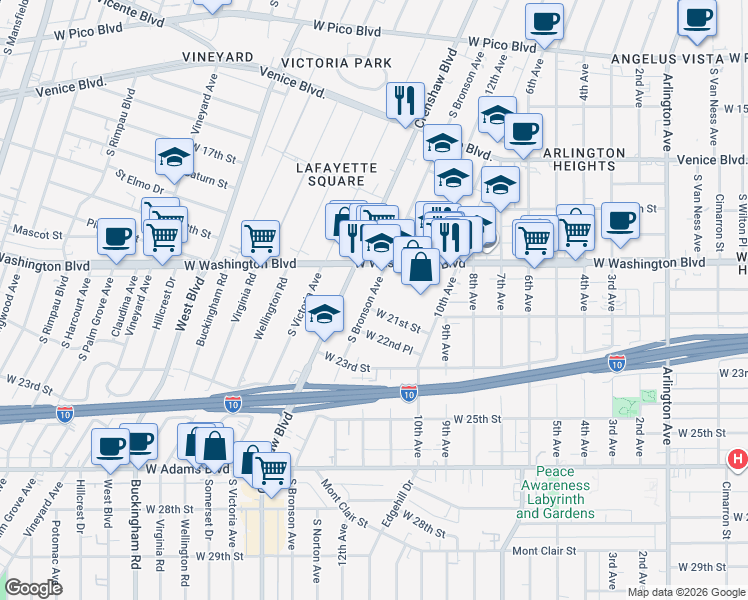 map of restaurants, bars, coffee shops, grocery stores, and more near 2118 South Bronson Avenue in Los Angeles