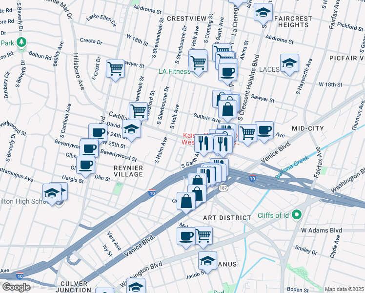 map of restaurants, bars, coffee shops, grocery stores, and more near 2319 South Corning Street in Los Angeles