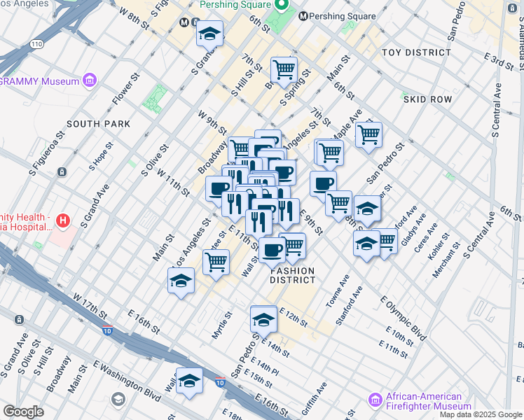 map of restaurants, bars, coffee shops, grocery stores, and more near 1000 S Maple Avenue in Los Angeles