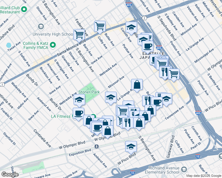 map of restaurants, bars, coffee shops, grocery stores, and more near in Los Angeles County