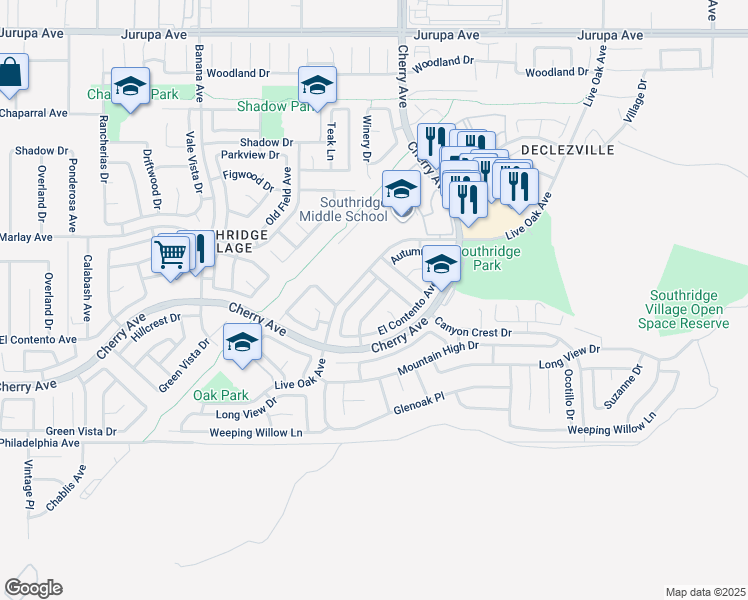 map of restaurants, bars, coffee shops, grocery stores, and more near 11806 Rustic Place in Fontana