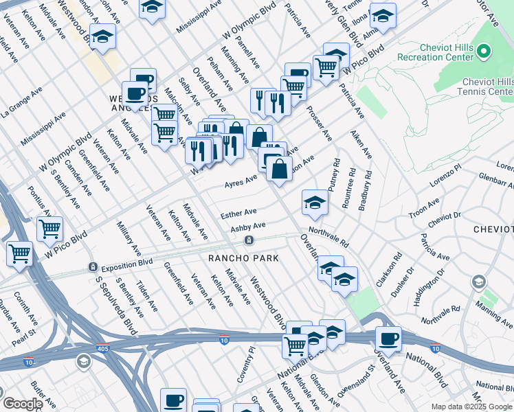 map of restaurants, bars, coffee shops, grocery stores, and more near 10739 Esther Avenue in Los Angeles