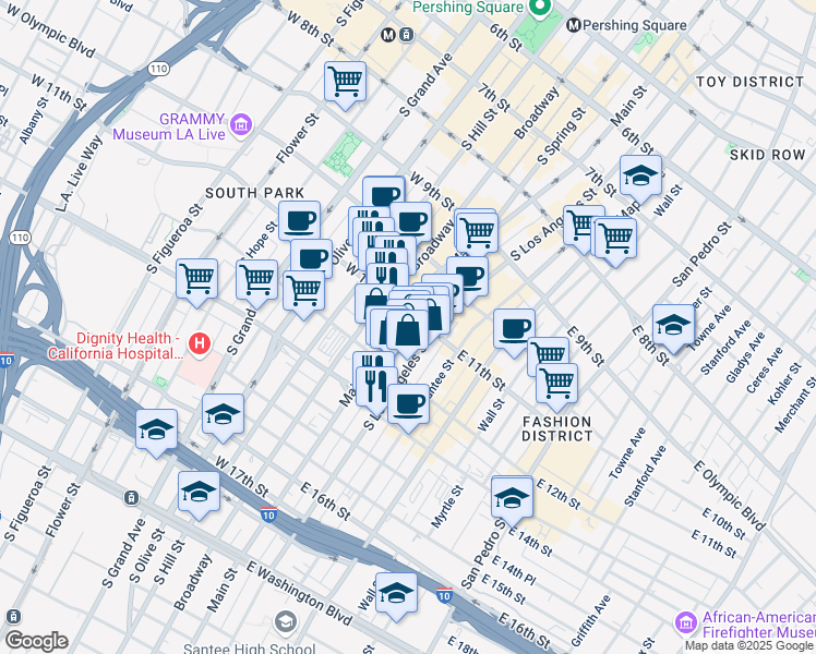 map of restaurants, bars, coffee shops, grocery stores, and more near 1131b South Los Angeles Street in Los Angeles
